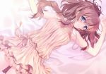  1girl absurdres bangs bare_shoulders bed_sheet blue_eyes blush breasts brown_hair carnelian dress eyebrows_visible_through_hair highres jewelry kantai_collection long_hair looking_at_viewer lying medium_breasts necklace on_back parted_lips pearl_necklace pink_dress saratoga_(kantai_collection) scan solo 