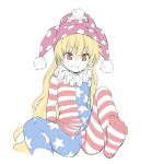  1girl american_flag_dress american_flag_legwear blonde_hair clownpiece feet grin hat jester_cap long_hair long_sleeves neck_ruff nibi no_wings pantyhose polka_dot purple_headwear red_eyes simple_background sitting smile solo striped touhou very_long_hair white_background 