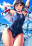  1girl :d arms_up ass_visible_through_thighs bare_shoulders black_hair breasts brown_eyes chain-link_fence clouds commentary_request covered_navel cowboy_shot day dutch_angle fence hose kase_daiki looking_at_viewer one-piece_swimsuit open_clothes open_mouth original outdoors outstretched_arms sailor_collar sailor_shirt school_swimsuit school_uniform serafuku shiny shiny_clothes shirt short_hair sky small_breasts smile solo splashing standing swimsuit swimsuit_under_clothes thigh_gap thighs undressing water water_drop wet wet_clothes 