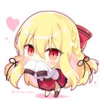  1girl bangs black_ribbon blonde_hair blush bow braid brown_legwear chibi colored_shadow commentary_request covered_mouth eyebrows_visible_through_hair hair_between_eyes hair_bow hair_ribbon hand_up heart jacket long_sleeves looking_at_viewer original outline pink_outline red_bow red_eyes red_footwear red_skirt ribbon shadow shikitani_asuka single_thighhigh skirt sleeves_past_fingers sleeves_past_wrists slit_pupils solo standing striped striped_bow thigh-highs twitter_username white_background white_jacket 