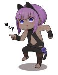  1girl :3 :d bangs bare_shoulders black_bodysuit blush bodysuit chibi dark_skin eyebrows_visible_through_hair fate/prototype fate/prototype:_fragments_of_blue_and_silver fate_(series) full_body futaba_channel genba_neko hair_between_eyes hassan_of_serenity_(fate) highres i.u.y no_shoes open_mouth pointing purple_hair shadow sidelocks smile solo standing standing_on_one_leg stirrup_legwear toeless_legwear translation_request violet_eyes white_background 