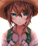  1girl bangs beni_ttt blush brown_hair character_request collared_shirt commentary_request crying emma_woods eyebrows_visible_through_hair face frown gloves green_eyes hair_between_eyes hat highres identity_v looking_at_viewer pulling shirt short_hair simple_background solo straw_hat sun_hat suspenders tears white_background white_gloves white_shirt 