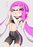  1girl absurdres ass_visible_through_thighs bike_shorts black_shorts black_sports_bra breasts covered_navel domino_mask grey_background groin highres inkling lifted_by_self long_hair mask pointy_ears purple_hair sansan_(kurione) shirt shirt_lift shorts simple_background small_breasts solo splatoon_(series) sports_bra thighs twintails violet_eyes white_shirt wiping_face 