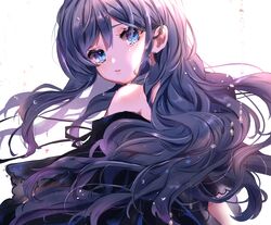  1girl absurdres bad_id bad_pixiv_id bangs bare_shoulders black_dress blue_eyes chigiri_kurenai commentary_request dress from_behind hair_between_eyes highres long_hair looking_at_viewer looking_back original parted_lips purple_hair simple_background solo tears wavy_hair white_background 