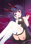  1girl :d absurdres bangs bare_shoulders black_dress black_flower black_hair black_panties black_rose blush commentary_request crossed_legs dress electricity eyebrows_visible_through_hair fangs feet_out_of_frame flower fufumi hands_up head_tilt highres honkai_(series) honkai_impact_3rd horns long_hair looking_at_viewer open_mouth panties raiden_mei rose sitting smile solo tattoo thigh-highs underwear upper_teeth very_long_hair violet_eyes white_legwear 