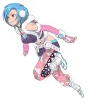  1girl blue_hair breast_strap breasts camouflage camouflage_pants detached_sleeves fur_trim gundam highres medium_breasts midriff ms_saga navel official_art pants red_eyes short_hair short_shorts shorts solo tremmie_zarth white_background yasuda_akira 