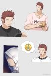  1boy 47 beard black_shirt blue_eyes brown_hair casual collage eating facial_hair fate/grand_order fate_(series) food hamburger hood hood_up hoodie long_sleeves looking_to_the_side male_focus multiple_views muscle napoleon_bonaparte_(fate/grand_order) phone pink_shirt shirt thinking upper_body 