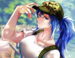  1girl bangs blue_eyes blue_hair camouflage casual earrings hat highres jewelry leona_heidern looking_at_viewer pfppe serious shirt snk soldier solo sweat t-shirt the_king_of_fighters tree white_shirt 