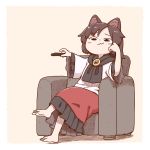  1girl :3 @_@ animal_ears armchair barefoot black_scarf blouse blush_stickers brooch brown_hair chair controller head_rest holding_remote_control imaizumi_kagerou jewelry long_hair long_skirt long_sleeves looking_at_viewer poronegi red_skirt remote_control scarf sitting skirt smile smug solo touhou white_blouse wide_sleeves wolf_ears younger 