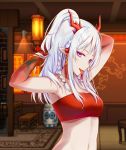  1girl :p arknights armpits arms_up bandeau bangs bare_arms bare_shoulders blurry blurry_background braid breasts commentary_request hands_in_hair highres horns indoors long_hair looking_at_viewer midriff navel nian_(arknights) pointy_ears sidelocks silver_hair small_breasts smile solo stomach strapless tongue tongue_out tubetop twin_braids upper_body violet_eyes zhibai 