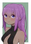  1girl alternate_hair_length alternate_hairstyle bangs bare_shoulders black_bodysuit blush bodysuit breasts collarbone covered_collarbone dark_skin eyebrows_visible_through_hair fate/prototype fate/prototype:_fragments_of_blue_and_silver fate_(series) green_background hair_between_eyes hassan_of_serenity_(fate) highres i.u.y long_hair looking_at_viewer parted_lips ponytail purple_hair sidelocks small_breasts solo two-tone_background violet_eyes white_background 