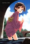  bridge brown_eyes brown_hair comic_rin fan focke_wulf forest highres illust japanese_clothes kimono looking_back nature open_mouth paper_fan river short_hair silhouette smile solo uchiwa wading water yukata 