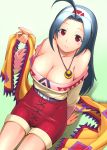  blue_hair blush breasts cleavage cosplay idolmaster jewelry large_breasts long_hair lucia_(lunar) lucia_(lunar)_(cosplay) lunar lunar_2:_eternal_blue miura_azusa necklace pendant red_eyes seki_suzume shawl solo 