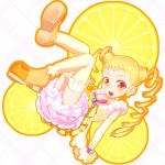  blonde_hair brooch butterfly cure_lemonade double_bun dress drill_hair earrings food fruit futari_wa_pretty_cure holding holding_fruit jewelry kasugano_urara lemon long_hair magical_girl precure shoes smile solo thighhighs twin_drills twintails uni yellow yellow_background yellow_eyes yellow_legwear yes!_precure_5 