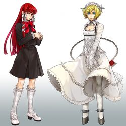  aegis blonde_hair blue_eyes cosplay costume_switch dress gloves gothic_lolita karakuri_chouchou koaki long_hair multiple_girls persona persona_3 red_eyes red_hair redhead ribbon school_uniform short_hair socks thigh-highs thighhighs yoshino_chidori zettai_ryouiki 