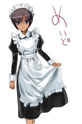  blue_eyes dark_skin dress dress_lift frills grey_hair maid maid_headdress oota_yuuichi outa_yuichi short_hair smile solo 