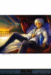  absurdres balcony bandages bangs bed building buttons chest cityscape curtains dress_shirt feathers highres holding jewelry looking_at_viewer male night night_sky odin_sphere official_art open_clothes open_shirt oswald pants pillow reclining red_eyes ring scan shirt short_hair sitting sky solo spiked_hair spread_legs star_(sky) starry_sky striped striped_pants sunset tan white_hair yamashita_daichi 