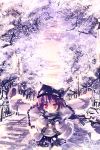  braid brown_hair coat hat inuneko light mittens original outdoors pillow_hat pillowhat purple purple_background red_eyes scarf skirt snow snowflakes snowing tree twin_braids twintails winter 