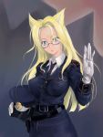  blonde_hair blue_eyes cat_ears fox_ears glasses gloves hat hellsing integra_hellsing long_hair michael military military_uniform uniform 