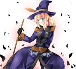  arms_behind_back belt black_gloves blonde_hair blue_eyes broom dress fantasy_earth_zero gloves hat holding long_hair petals ponytail shigen simple_background solo witch witch_hat 