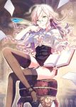  1girl black_legwear blonde_hair book corset crossed_legs garter_straps glasses green_eyes h2so4 high_heels holding holding_book kaku-san-sei_million_arthur looking_at_viewer open_book paper quill shoes sitting smile solo stool thigh-highs 