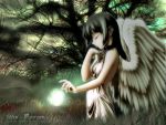  closed_eyes collar copyright_notice dark forest nature tomomimi_shimon wallpaper watermark wings 