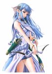  blue_eyes blue_hair bow bow_(weapon) bracelet choker dress elf falcom fantasy flat_chest fur hair_ornament hair_ribbon jewelry long_hair miniskirt official_art olha pointy_ears quiver rehda ribbon simple_background skirt solo standing taue_shunsuke thighs weapon ys ys_vi 