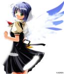  blue_hair bow feathers green_eyes kirishima_kano school_uniform short_hair wings yukirin 