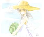  dress food fruit hat holding holding_fruit straw_hat traditional_media watermelon 
