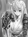  cleavage demon_girl horns japanese_clothes large_breasts michael monochrome monster oni pointy_ears 