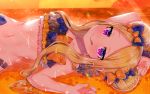  1girl abigail_williams_(fate/grand_order) akirannu bangs bare_shoulders beach bikini black_bikini black_bow blonde_hair blush bow breasts closed_mouth double_bun emerald_float fate/grand_order fate_(series) forehead frilled_bikini frills licking_lips long_hair looking_at_viewer lying multiple_bows navel ocean on_back orange_bow orange_sky parted_bangs sidelocks sky small_breasts smile sparkle swimsuit tongue tongue_out twilight violet_eyes wet 