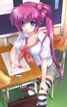  1girl bag blue_eyes bow bra breasts chair desk eraser feet_out_of_frame hair_bobbles hair_ornament highres little_busters!! long_hair looking_at_viewer medium_breasts official_style open_clothes otou_(otou_san) paper pencil_case pink_bow plaid plaid_skirt purple_hair saigusa_haruka school_bag school_desk school_uniform shirt short_sleeves side_ponytail sitting skirt solo striped striped_legwear thigh-highs tombow_mono tongue tongue_out underwear white_shirt yellow_bra 