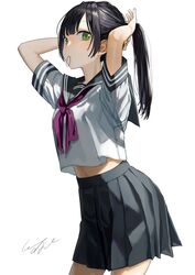  1girl absurdres arms_behind_head arms_up bangs black_hair black_sailor_collar black_skirt blush breasts closed_mouth commentary_request cowboy_shot green_eyes hair_tie hair_tie_in_mouth highres long_hair looking_at_viewer midriff midriff_peek mouth_hold neckerchief original pleated_skirt pomu ponytail purple_neckwear sailor_collar school_uniform serafuku shirt short_sleeves sidelocks signature simple_background skirt small_breasts solo standing tying_hair white_background white_shirt 