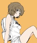  1girl akiyama_mio aokaze_(mimi_no_uchi) armpit_peek backpack bag bangs belt breasts brown_hair chest_strap facing_to_the_side girls_und_panzer looking_at_viewer medium_breasts open_mouth short_hair shorts sitting solo uncolored yellow_background 