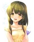  1girl clannad commentary_request dress green_hair happy_birthday ibuki_fuuko jewelry long_hair necklace open_mouth round_teeth satomi_yoshitaka sleeveless sleeveless_dress smile solo starry_background teeth upper_body upper_teeth white_background yellow_dress yellow_eyes 