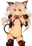  1girl absurdres animal_ears black_legwear breasts cat_ears cat_paws cat_tail closed_mouth fate/kaleid_liner_prisma_illya fate_(series) fur_trim gloves hair_ribbon highres illyasviel_von_einzbern kaamin_(mariarose753) long_hair paw_gloves paws red_eyes revealing_clothes ribbon simple_background small_breasts tail thigh-highs white_background white_hair 