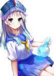  1girl atelier_(series) atelier_totori blue_hair blue_headwear blue_sailor_collar blue_skirt closed_mouth collarbone commentary_request garaudon gradient_hair grey_eyes grey_hair highres holding long_hair looking_at_viewer multicolored_hair neckerchief pleated_skirt round-bottom_flask sailor_collar school_uniform serafuku shirt short_sleeves simple_background sitting skirt smile solo totooria_helmold white_background white_shirt yellow_neckwear 