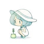  1girl ayu_(mog) blue_eyes blue_sailor_collar blush closed_mouth dress flower frog grey_hair hat original sailor_collar sailor_dress short_hair signature simple_background solo squatting sun_hat symbol_commentary white_background white_headwear 