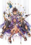  1boy 1girl ahoge between_legs black_pants blush bracelet brown_hair cape clog_sandals earrings egyptian embarrassed fate/grand_order fate_(series) glint hair_between_eyes hand_up highres holding holding_staff jewelry knees_together_feet_apart long_hair looking_at_viewer medjed nitocris_(fate/grand_order) open_mouth open_pants ozymandias_(fate) pants purple_hair sandals sitting smile staff toenails vambraces very_long_hair violet_eyes waltz_(tram) white_cape yellow_eyes 