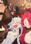  2boys 3girls absurdres ahoge alcohol anne_bonny_(fate/grand_order) bartholomew_roberts_(fate/grand_order) beard beer beer_mug black_hair blonde_hair blurry blurry_foreground blush breasts cup edward_teach_(fate/grand_order) facial_hair facial_scar fate/grand_order fate_(series) feathers francis_drake_(fate) gloves grin hairband highres holding indoors lantern large_breasts long_hair mary_read_(fate/grand_order) medium_breasts mug multiple_boys multiple_girls nanao_(aoyamahikari) open_mouth redhead scar short_hair_with_long_locks sidelocks sitting skull_and_crossbones smile stairs table two_side_up white_hair 