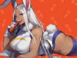  1girl :d animal_ears ass bangs bare_shoulders blue_legwear boku_no_hero_academia breasts bunny_girl bunny_tail carrot dark_skin gloves highres long_hair looking_at_viewer lying mirko on_stomach open_mouth parted_bangs rabbit_ears red_eyes smile solo suurin_(ksyaro) tail teeth thigh-highs tongue tongue_out white_gloves 