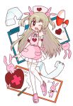  &gt;_&lt; 1girl ;d apron armband bandaged_arm bandaged_wrist bandages bangs blush bunny_hair_ornament cardiogram clipboard commentary_request dress eyebrows_visible_through_hair fang full_body hair_ornament hat heart light_brown_hair long_hair looking_at_viewer mikan_(mikabe) natori_sana nurse_cap one_eye_closed open_mouth open_toe_shoes pencil pill pink_apron pink_headwear puffy_short_sleeves puffy_sleeves rabbit sana_channel short_sleeves simple_background skin_fang smile spread_fingers standing standing_on_one_leg thigh-highs two_side_up virtual_youtuber waving white_dress white_legwear whiteboard zettai_ryouiki 