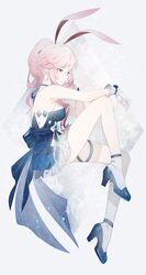  1girl absurdres animal_ears bare_legs bare_shoulders blue_dress dress gloves highres honkai_(series) honkai_impact_3rd kneehighs long_hair pink_hair ponytail rabbit_ears rafaelaaa shoes single_kneehigh single_sock socks solo thigh_strap violet_eyes white_gloves white_legwear yae_sakura 