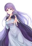  1girl absurdly_long_hair absurdres belly_chain blue_dress breasts cloak dress eeryuu_(2004107) fire_emblem fire_emblem:_the_binding_blade hand_on_own_chest highres jewelry large_breasts lavender_dress long_hair long_sleeves outstretched_arm purple_hair simple_background solo sophia_(fire_emblem) very_long_hair violet_eyes white_background wide_hips 