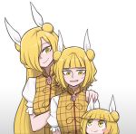  3girls blonde_hair blush chibi clone double_bun hand_on_another&#039;s_shoulder haniwa_(statue) height_difference highres joutouguu_mayumi long_hair mata_(matasoup) multiple_girls plaid plaid_vest short_hair sweatdrop tall_female touhou vest yellow_eyes 