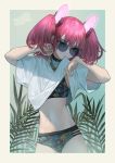  1girl arms_up bikini bikini_under_clothes biting biting_clothes collar ear_piercing earrings floral_print hair_ornament jewelry looking_at_viewer mgg_(x_arte) mouth_hold navel original piercing pink_hair plant round_eyewear shirt_lift short_twintails solo sunglasses swimsuit swimsuit_under_clothes twintails 