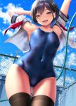  1girl arms_up ass_visible_through_thighs bare_shoulders black_hair black_legwear breasts brown_eyes chain-link_fence clouds covered_navel cowboy_shot day dutch_angle fence hose kase_daiki looking_at_viewer one-piece_swimsuit open_clothes open_mouth original outdoors outstretched_arms sailor_collar sailor_shirt school_swimsuit school_uniform serafuku shiny shiny_clothes shirt short_hair sky small_breasts smile solo splashing standing swimsuit swimsuit_under_clothes thigh-highs thigh_gap thighs undressing water water_drop wet wet_clothes 