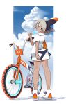  1girl absurdres bag bicycle black_hairband blue_sky clouds collared_shirt dark_skin day food food_in_mouth from_below full_body gen_4_pokemon grey_hair ground_vehicle hair_between_eyes hairband highres holding holding_food looking_at_viewer looking_back pokemon pokemon_(creature) pokemon_(game) pokemon_swsh popsicle rotom saitou_(pokemon) shadow shirt short_hair short_sleeves shoulder_bag sky standing tm_(hanamakisan) violet_eyes white_footwear white_shirt wing_collar 