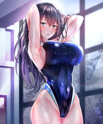  1girl arms_behind_head bangs black_hair black_swimsuit blue_eyes blush breasts competition_swimsuit covered_navel cowboy_shot hame_x_tore highres indoors large_breasts long_hair looking_at_viewer one-piece_swimsuit open_mouth parted_lips solo swimsuit tree wet wet_clothes wet_swimsuit window yuyu_(yuyuworks) 