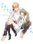  1boy 1girl arm_support barefoot black_legwear blonde_hair blush blush_stickers bolo_tie bracelet closed_mouth dress earrings enkidu_(fate/strange_fake) eyebrows_visible_through_hair fate/stay_night fate/strange_fake fate_(series) gilgamesh green_eyes green_hair hair_between_eyes hands_together headband jewelry kneehighs loafers long_hair pants paw_print purple_pants reclining red_eyes sailor_collar sensha_otoko shoes short_hair sitting smile sweatdrop tank_top track_pants waltz_(tram) white_background white_dress white_tank_top 